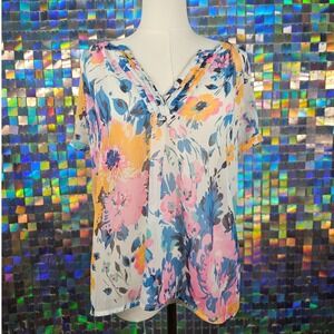 Women's Sheer Floral V-Neck Short Sleeve Tunic Top Blouse
